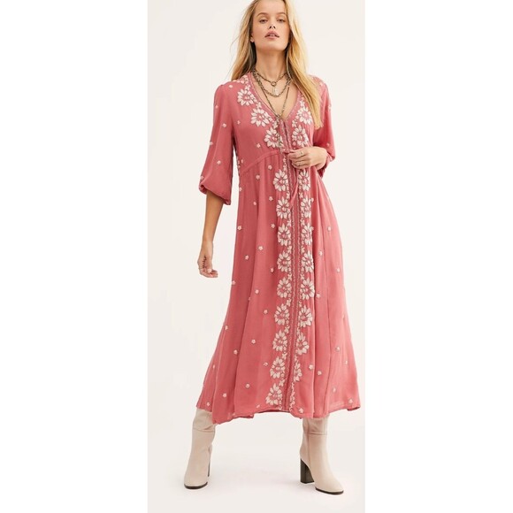 Free People Embroidered Fable Midi Rock N' Roll Dress Bohemian Size Small - Picture 1 of 7